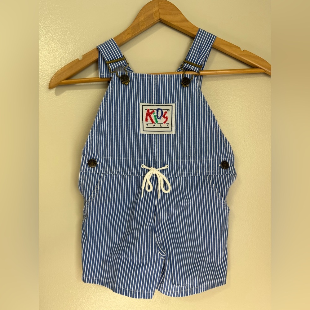 Vintage 90s 4T Tot Trend Kids Talk Shortalls Blue White Striped Overalls Toddler
